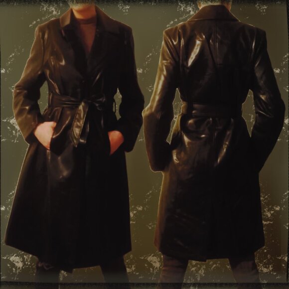 Badgley Mischka Vegan Leather Long Trench Coat | Classic Rock Style NWT (Size L) - Picture 1 of 6
